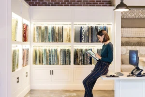 Female first line worker leaning against a sales counter in retail store, facing a merchandising display wall filled with fabric panels while using pen on ASUS convertible laptop folded open as tablet (screen partially shows Excel workbook).