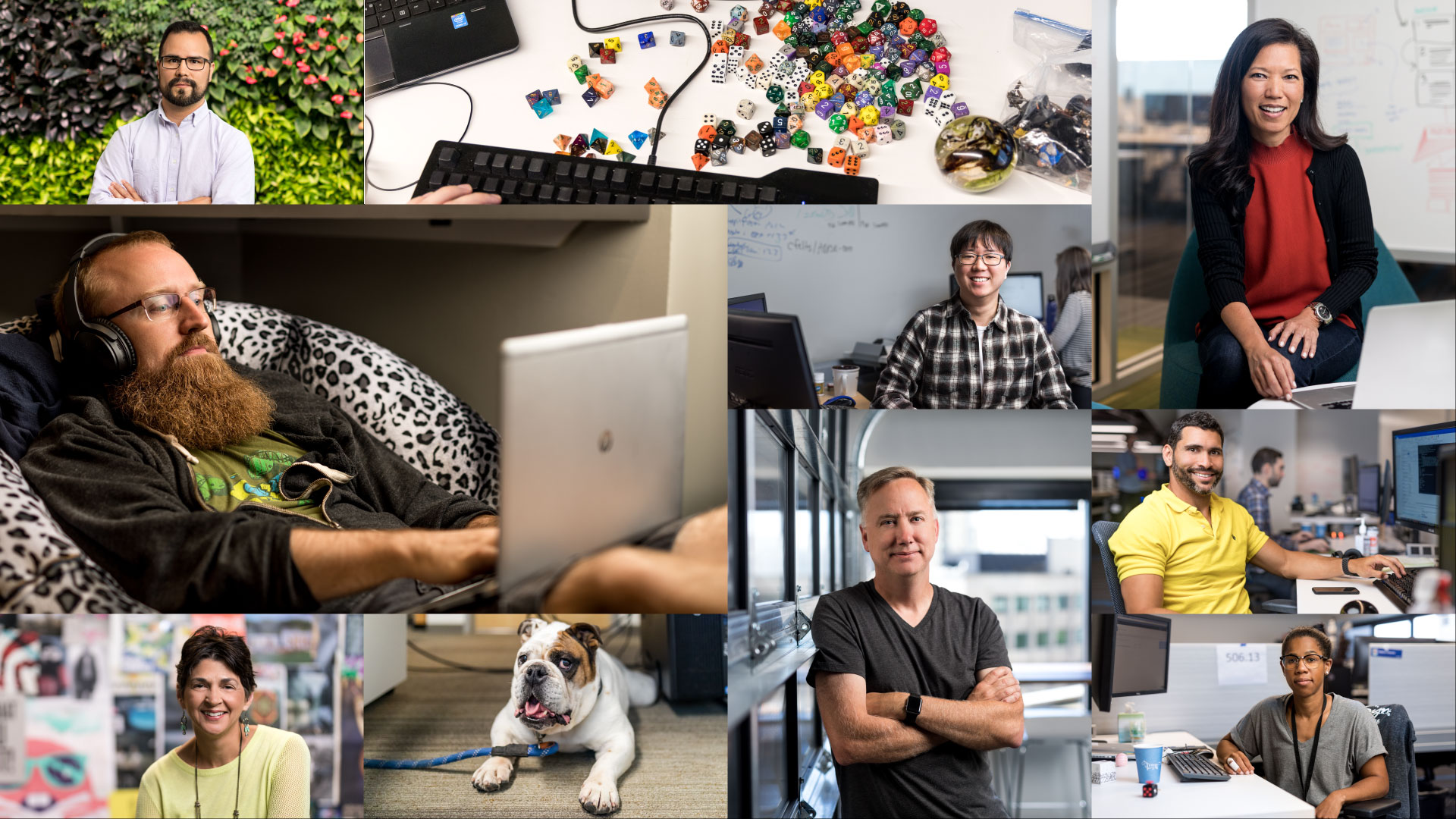 Composite photos of people and workspaces.