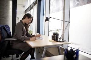 Female small business professional at desk working on an HP Elite Book using Microsoft Word; open office; stylus.