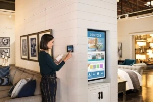 Female employee standing on home furnishings sales floor in commercial retail store, holding a vase and using a wall tablet.