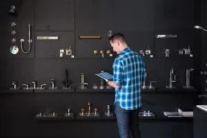 Male millennial using Surface Pro and Surface Pen, standing in front of faucet display wall in a kitchen and bath showroom.