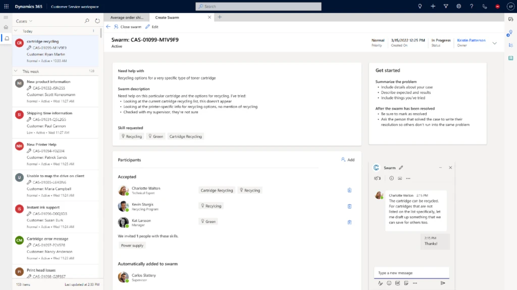 Teams interface showing customer service agents swarming to resolve a case. 