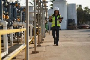 A remote field engineer using remote assist on a tablet. Keywords: One person; on the go; woman; female; operations; Dynamics 365