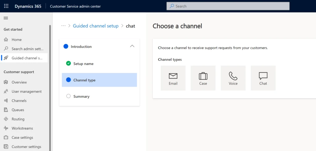 Screenshot of the customer service channel setup wizard in Microsoft Dynamics 365 Customer Service.