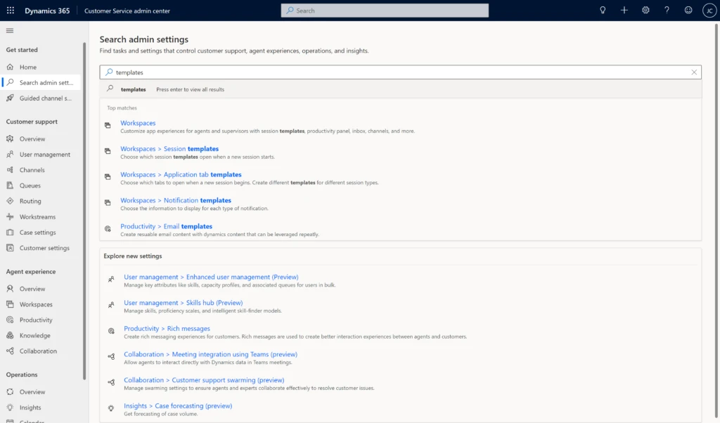 Screenshot of the admin settings search page in Microsoft Dynamics 365 Customer Service.