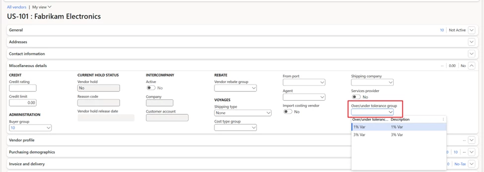 The value of this form will be used in Vendor > Miscellaneous details > Over/under tolerance group field.