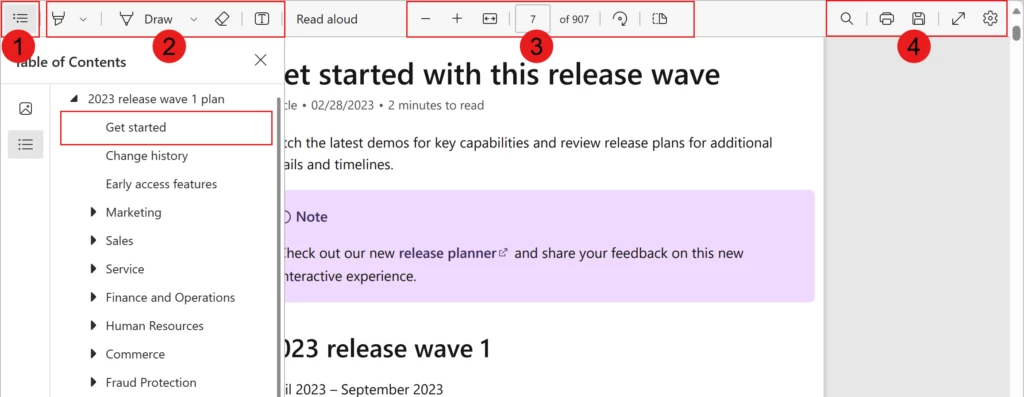 Screenshot of the new release plan PDF experience in Microsoft Dynamics 365.