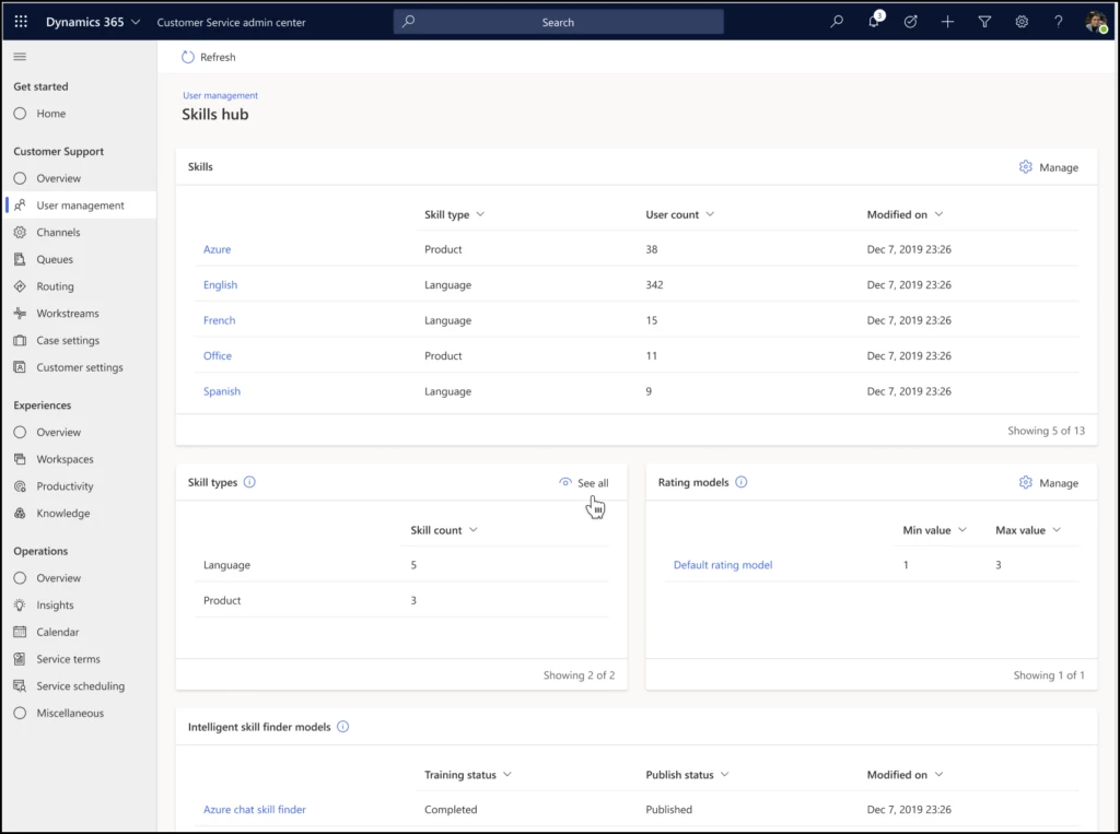 Screenshot of the new skills hub in Microsoft Dynamics 365 Customer Service.