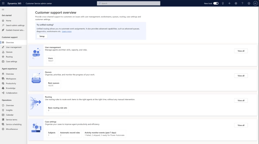 Customer Service admin center showing the customer support overview