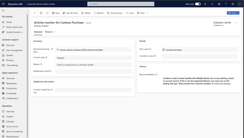 Customer Service admin center showing  the activity monitor record form for a specific item