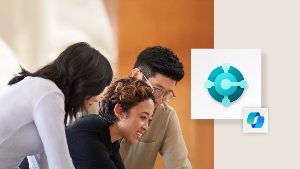 Three people working together at a conference table. Image includes the logos for Business Central and Copilot.