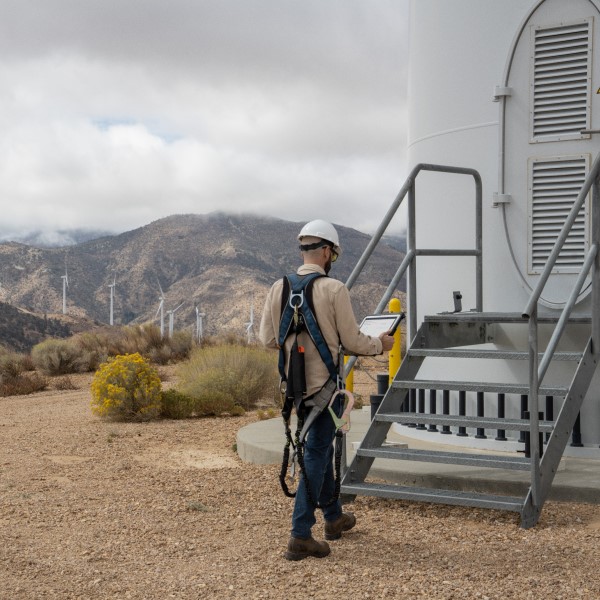 Field engineer viewing data after the inspection of turbines on a wind farm.