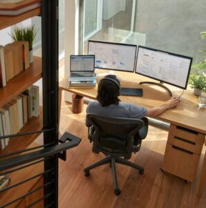 Security worker in front of computer monitors at work-from-home setup