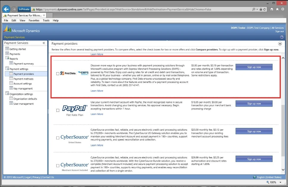 Screen capture of Microsoft Dynamics Online  sign up process
