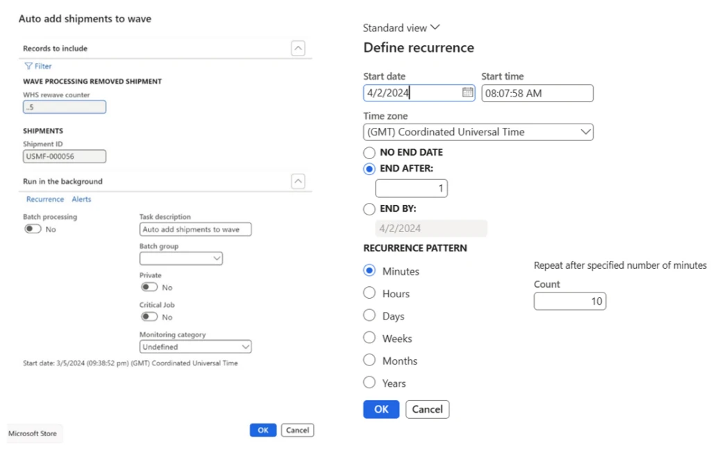 Product Screen Shot  Left image: Auto add shipments to wave menu.
Right image: Define Auto add shipments to wave Recurrence menu.