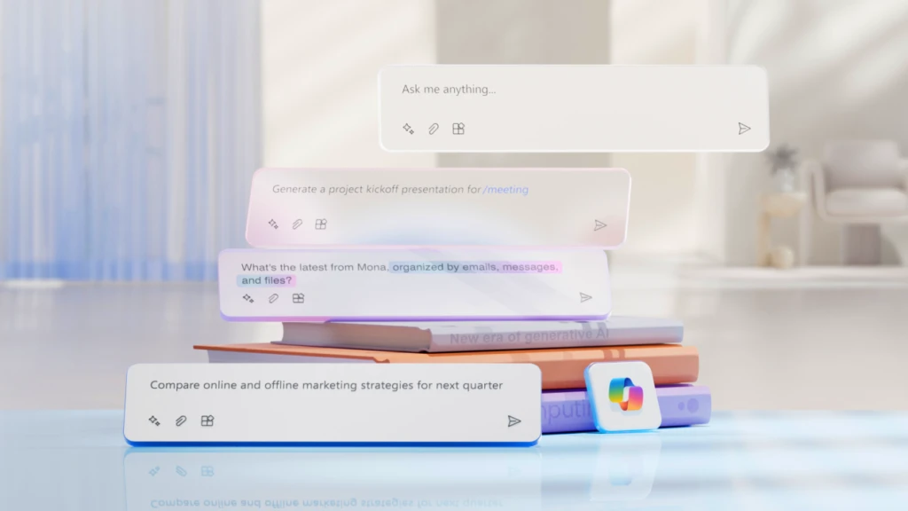 sql server reporting services installation A stack of books overlayed with the Copilot logo and Copilot prompts that read: "Ask me anything", "Generate a project kickoff presentation for /meeting", "What's the latest from Mona, organized by emails, messages, and files?", and "Compare online and offline marketing strategies for next quarter."