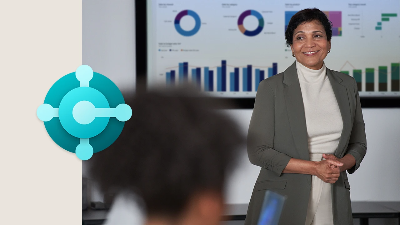 Microsoft Dynamics 365 Business Central logo next to a businesswoman giving a presentation