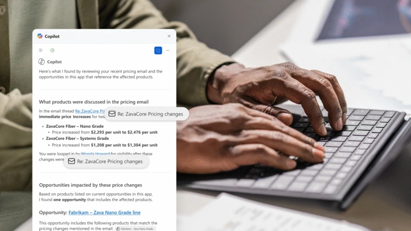 Person typing on a keyboard with a Copilot product UI screenshot on the side.