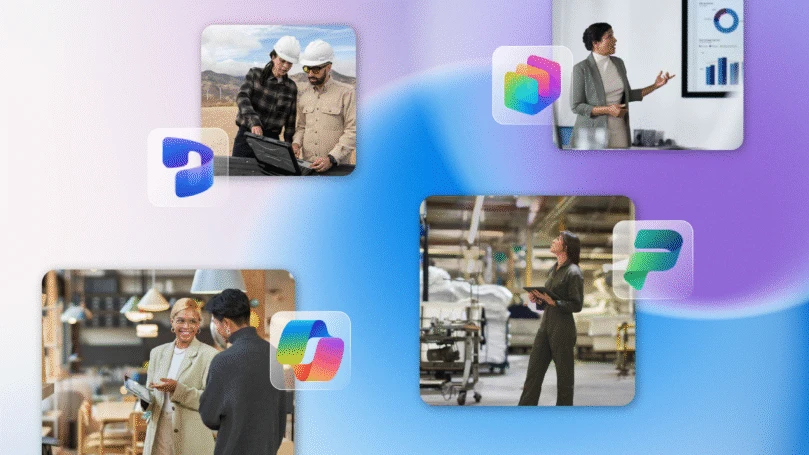Collage of workplace scenarios—field technicians reviewing data outdoors, a business presentation with charts, team collaboration in an office, and a factory worker using a tablet—connected by Microsoft Copilot and Power Platform icons.