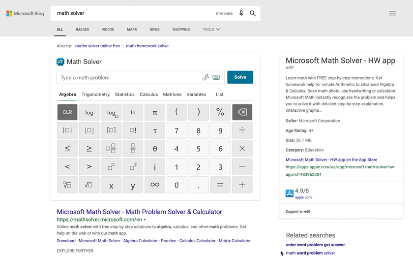 Math Solver in Bing.com