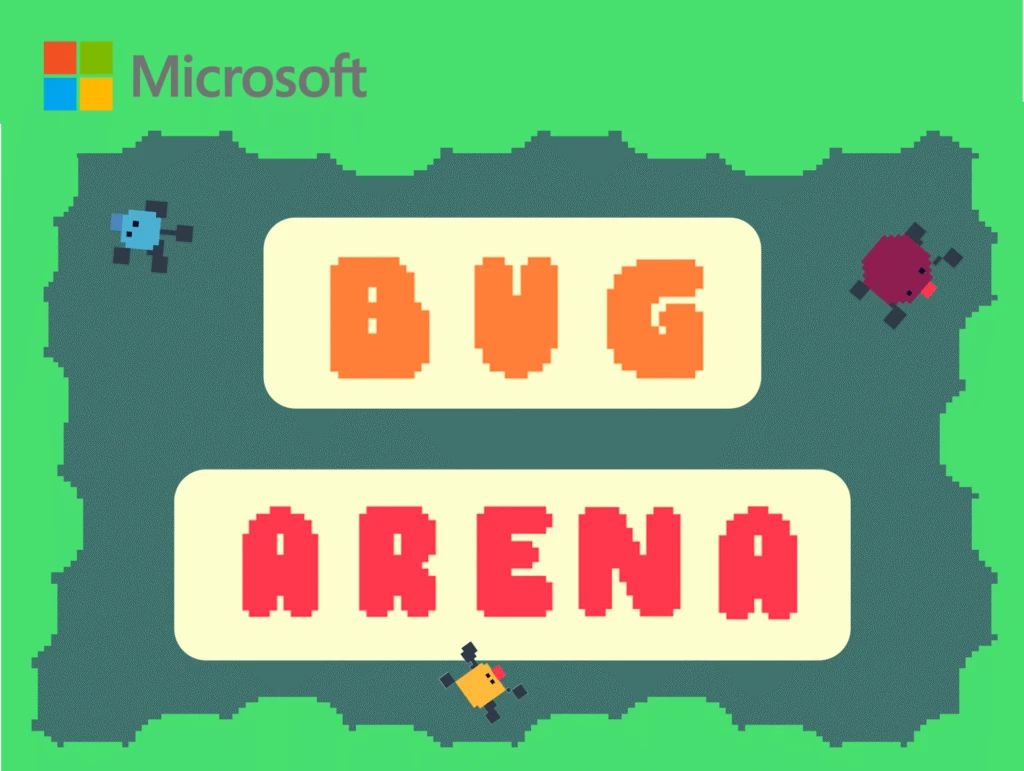 Video game bugs in a small arena, with the text "Bug Arena" and the Microsoft logo in the upper left corner.