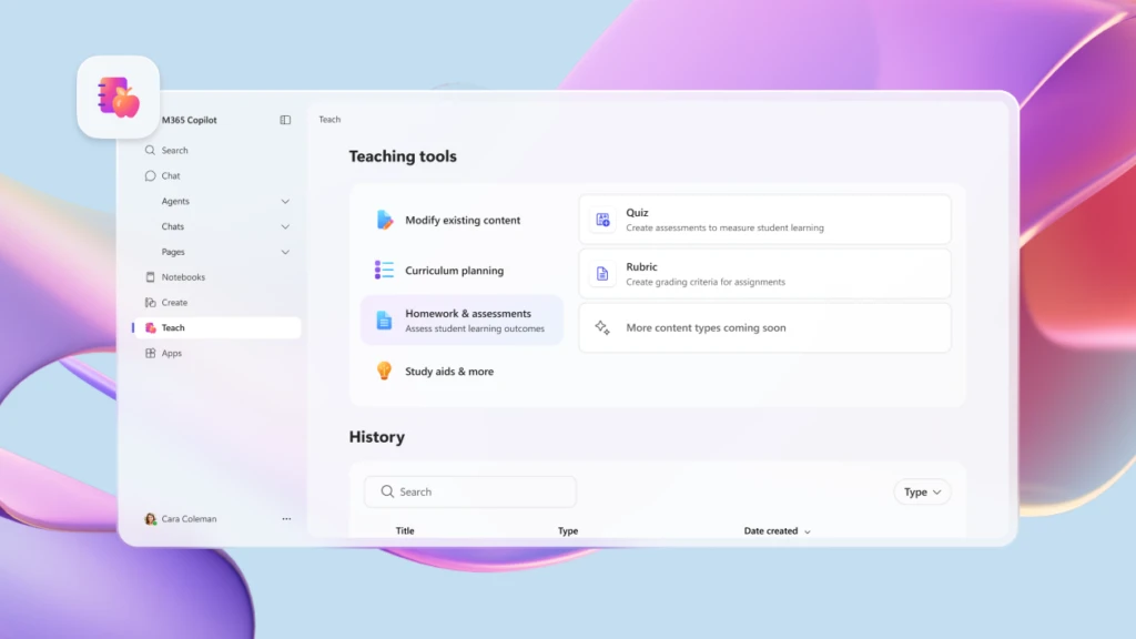 The Teach functionality in the Microsoft 365 Copilot app, showing options for modifying content, curriculum planning, and more.