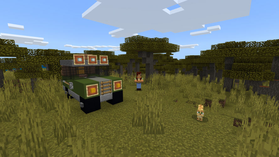 A 4x4 vehicle is parked next to a person and an ocelot in Minecraft: Education Edition