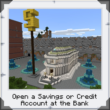 A neoclassical bank building in Minecraft: Education Edition with fountains and a giant dollar sign on a pedestal. Text reading 