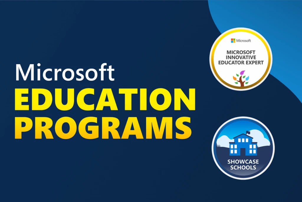 Decorative. A graphic with two badges, one that says Microsoft Innovative Educator Expert, and another that says Showcase Schools.