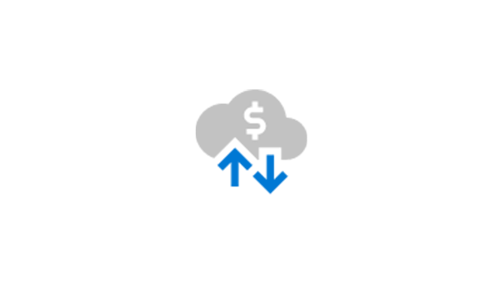 2 blue arrows pointing in and out of a gray cloud with a white dollar sign