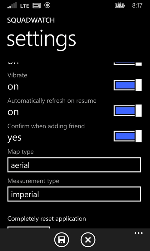 Screenshot of app settings