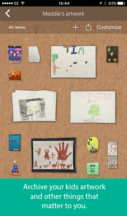 Screenshot of child's art work with text: Archive your kids artwork and other things that matter to you.