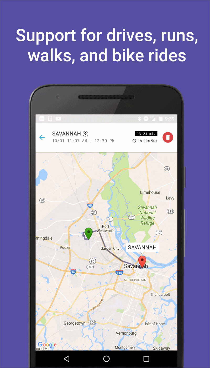 Screenshot of trip on a map. Text: Support for drives, runs, walks, and bike rides.