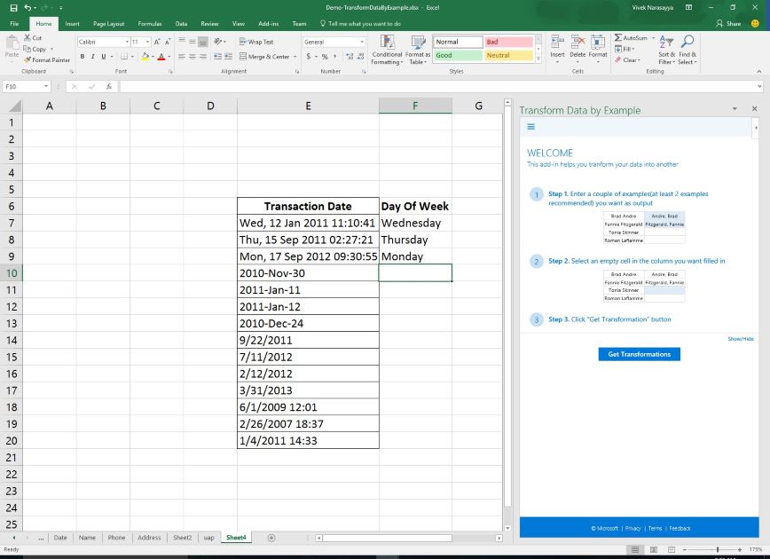Screenshot of excel spreadsheet with the Transform Data by Example add-on