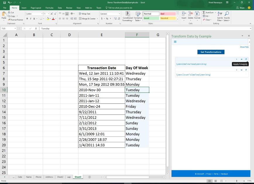 Screenshot of excel spreadsheet with the Transform Data by Example add-on - Get transformations