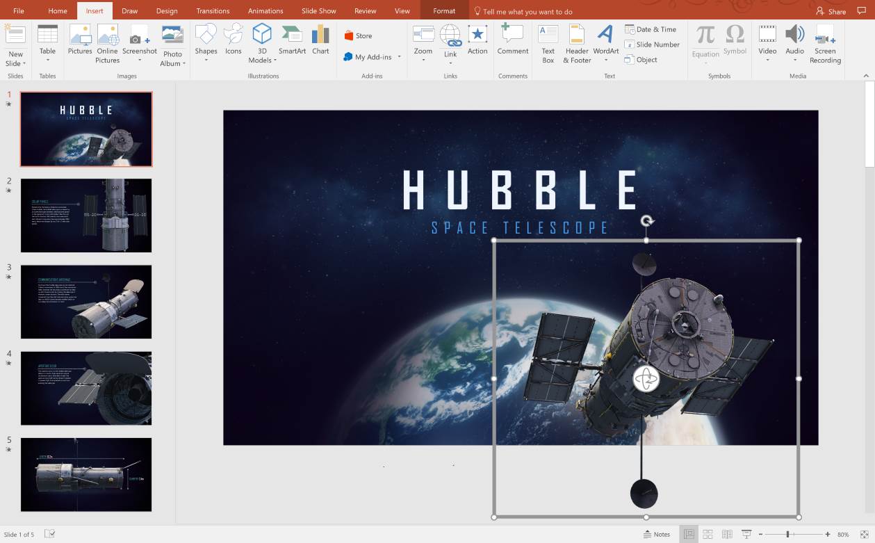 Screencap of 3D Model Hubble satellite inserted into PowerPoint presentation