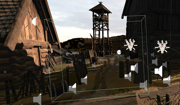 First person perspective of a old town with speaker icons overlayed ontop of in-game objects.
