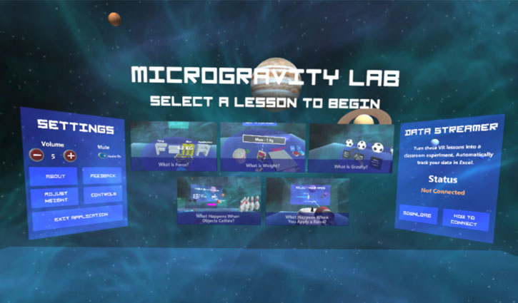 Microgravity Lab title screen, displaying 5 different expeiences, settings, and other options.
