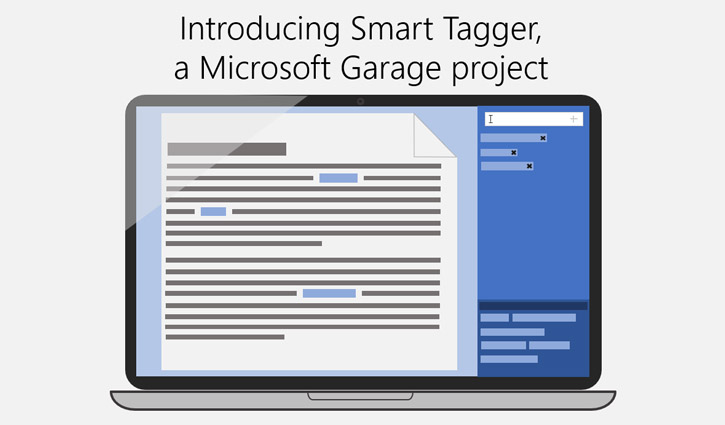 Illustrated example of Smart Tagger.  Text: Introducing Smart Tagger, a Microsoft Garage project.