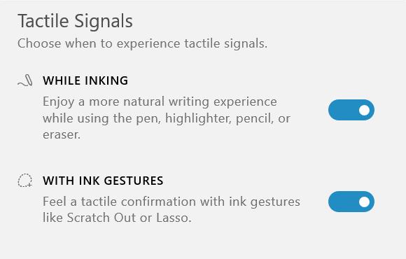 Screenshot of the Tactile Signals experiences to turn on or turn off ink-feel or ink gestures responses.