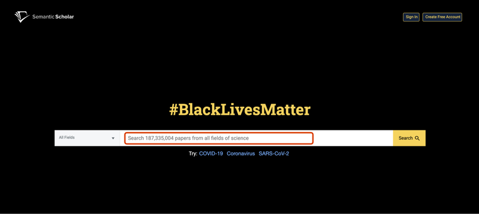 Semantic Scholar's introductory blurb in the input field.