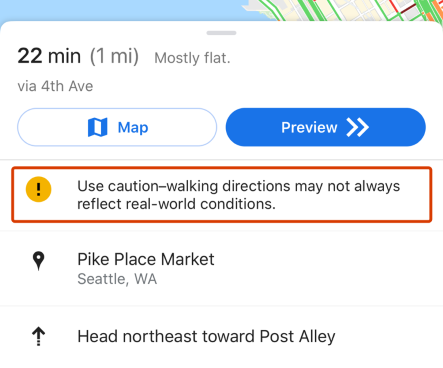 Google Maps alert for walking directions.