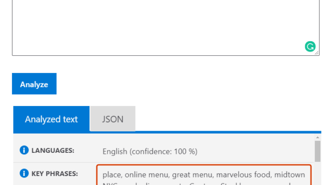 Microsoft Sentiment Analysis service highlights key phrases.