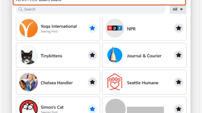 Facebook asks user to choose accounts to see first.