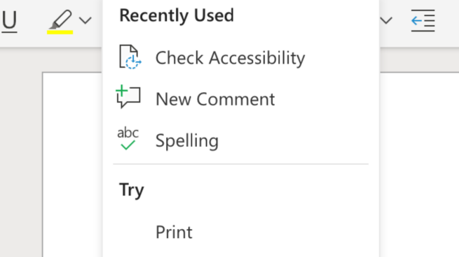 Search bar listing top three recently used commands