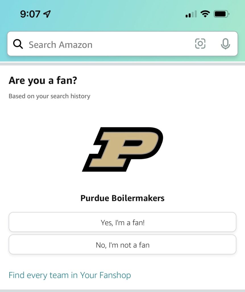 Amazon com presents a poll asking the user if they are a fan or not of the Purdue Boilermakers