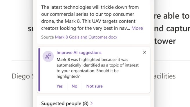 Screenshot of a block of text with one highlighted word. A Topic card is displayed next to the highlighted word In addition to information about the topic (description, related people) it has a block that reads: "Mark 8 was highlighted because it was automatically identified as a topic of interest to your organization. Should it be highlighted? Yes. No. Not sure.
