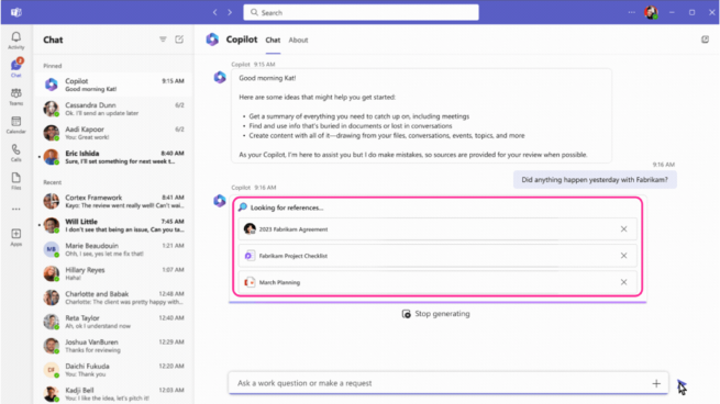 Business Chat showing the message that it is looking for references in three files - 2023 Fabrikam Agreement, Fabrikam Project Checklist, March Planning.