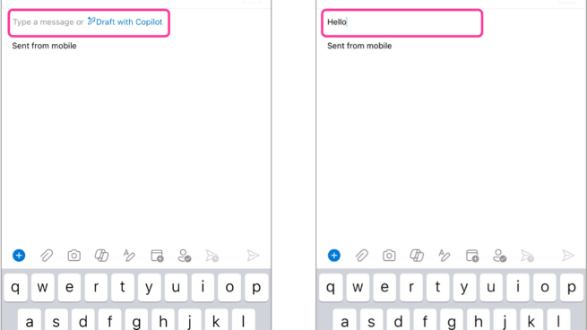 Two screenshots of Copilot in Outlook. In the first screenshot Draft with Copilot suggestion is displayed when the user first open a new message. In the second screenshot, the user types hello and the Draft with Copilot suggestion is not shown to user.