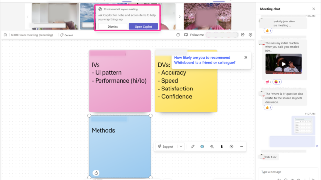 Copilot in Teams notification. Ask Copilot for notes and action items to help you wrap things up.